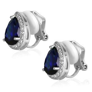 Silver with Blue Sapphire and Diamond Cubic Zirconia Teardrop Clip On Earrings